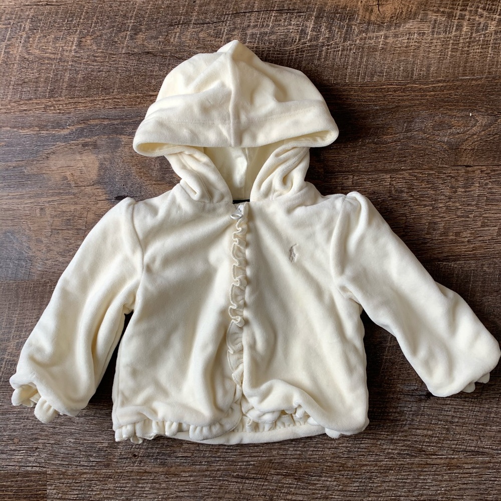 Ralph Lauren Baby Girl Sz 9M Long Sleeve Hooded Velour Sweatshirt Cream RARE
